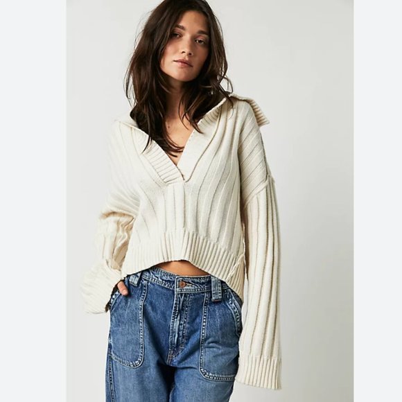 Free People Cream V-Neck Sweater - Picture 3 of 3